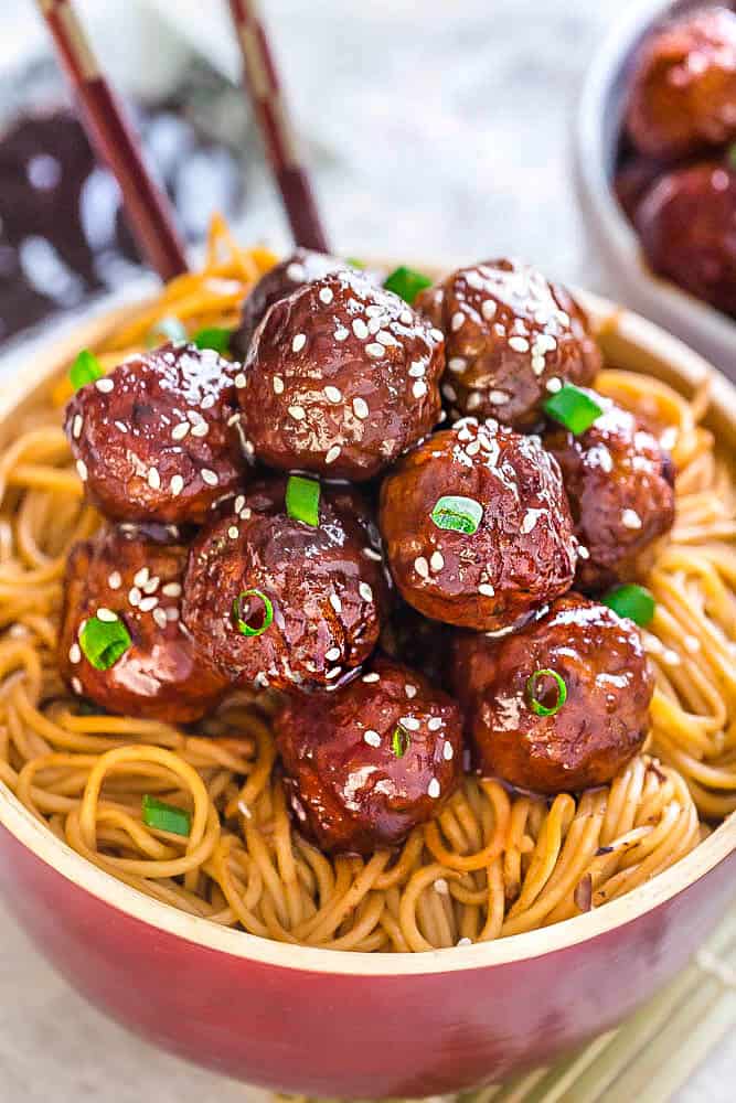 (V) Mongolian Beef Meatballs over Stir Fried Noodles
