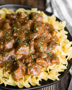 Beef Tips in Gravy over Egg Noodles